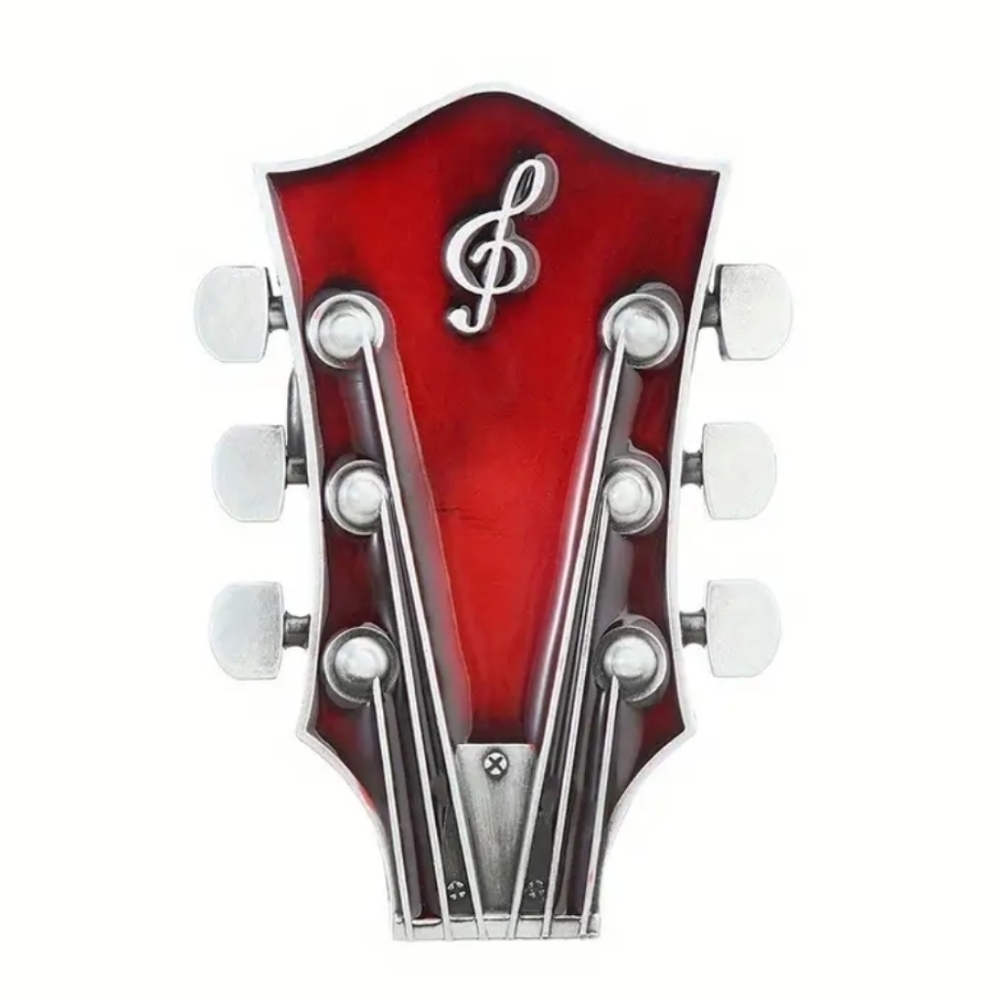 Red Guitar Head Belt Buckle Silver Tone 3.8 X 2.8"